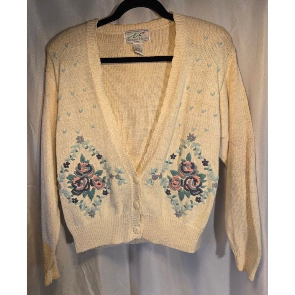 Vintage Christopher & Banks Floral Embroidered Knit Cardigan Sweater Size L
